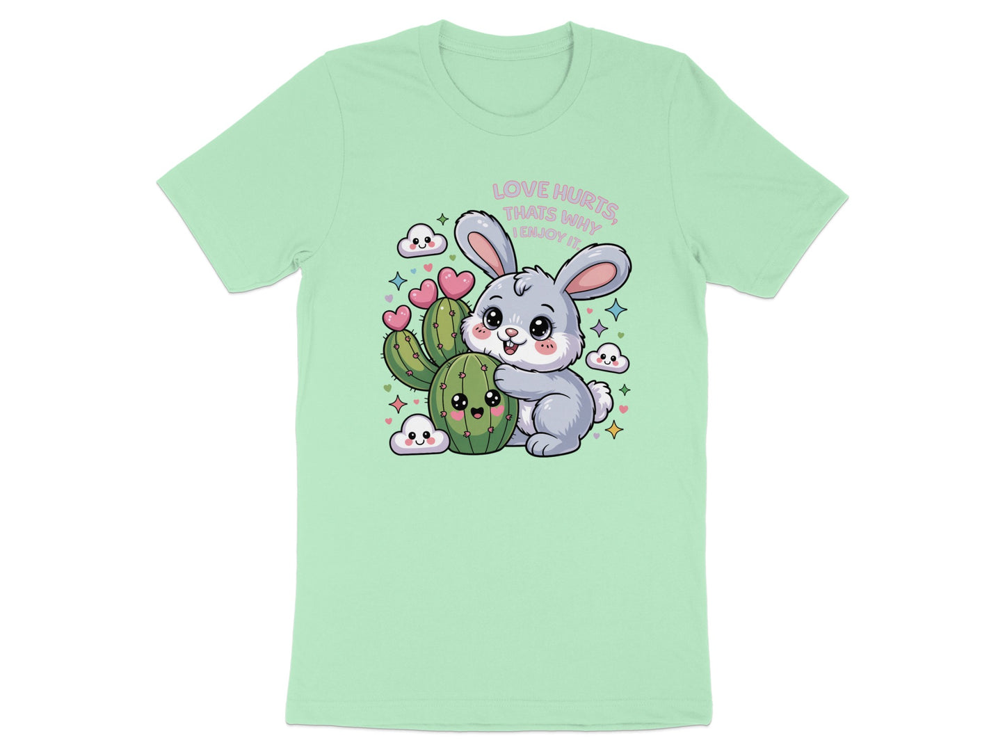 Cartoon bunny hugs cactus with text "Love hurts, that's why I enjoy it."