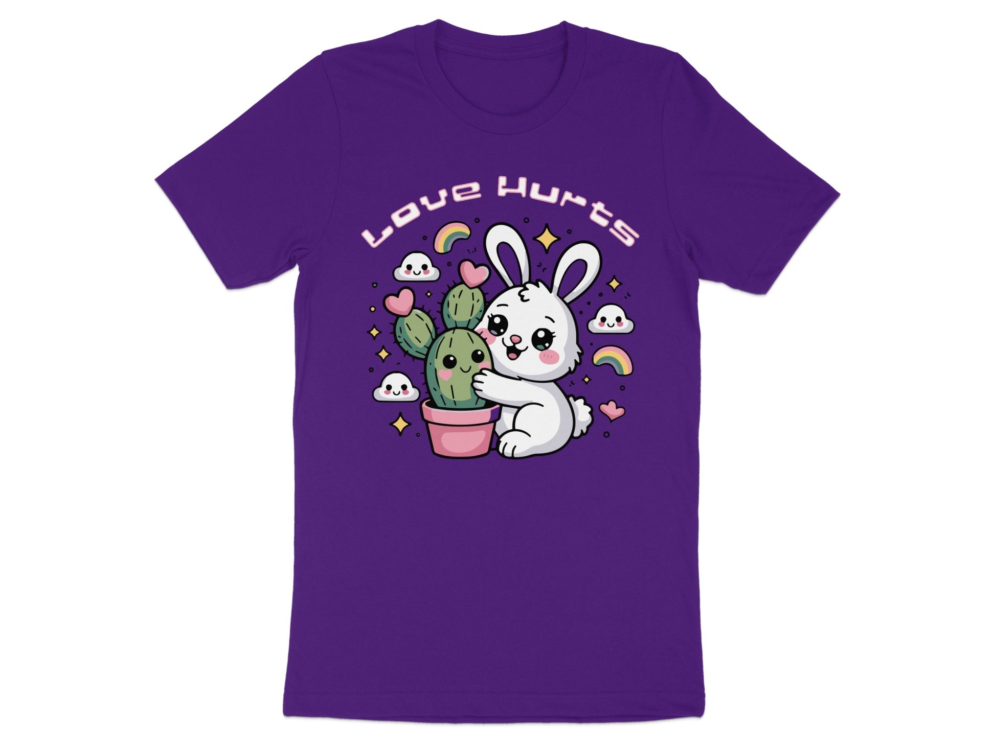 White rabbit hugs a potted cactus under rainbow and heart decorations.