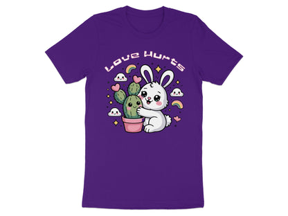 White rabbit hugs a potted cactus under rainbow and heart decorations.