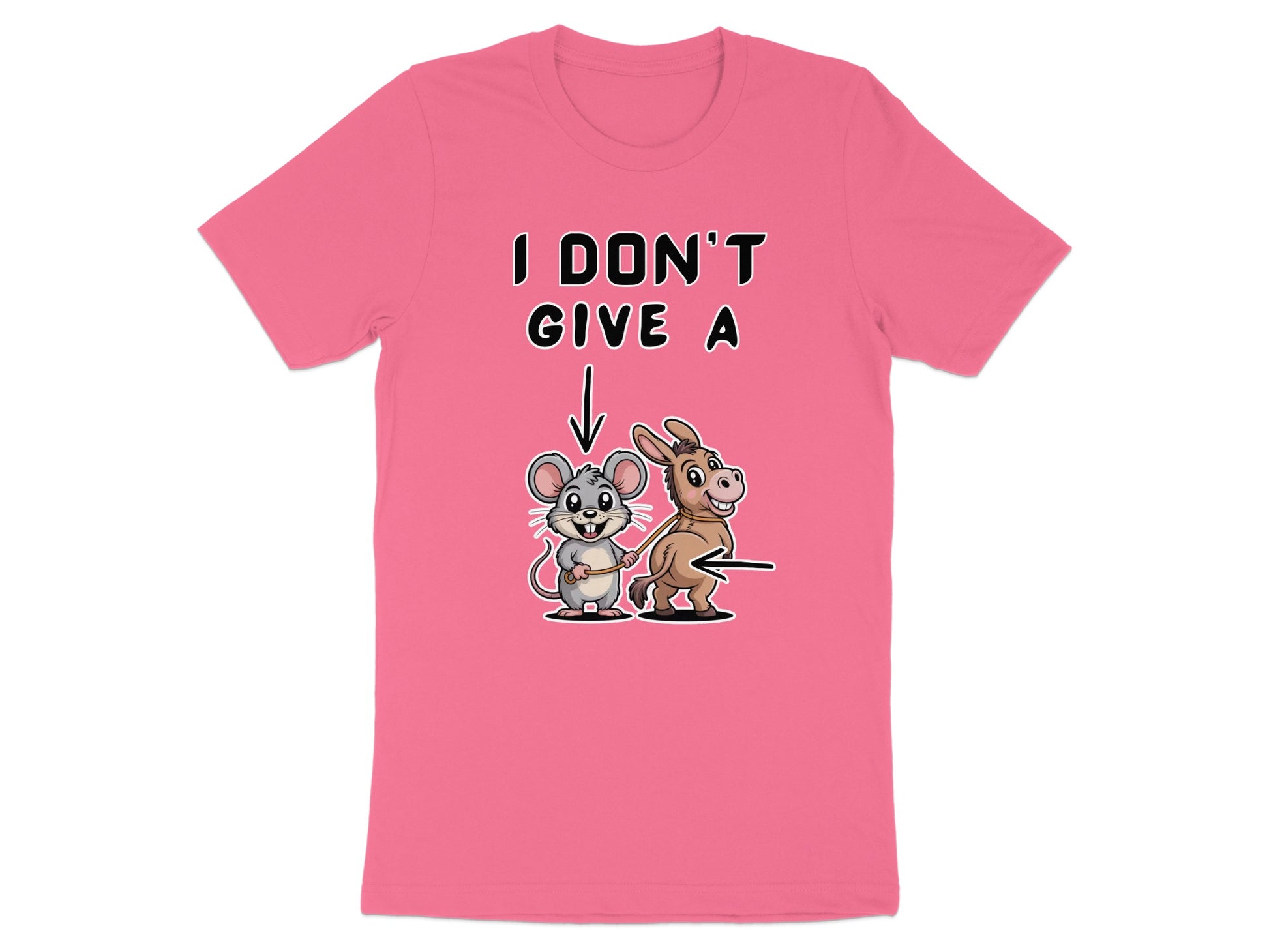 Pink t-shirt with I DON'T GIVE A mouse and donkey graphic.