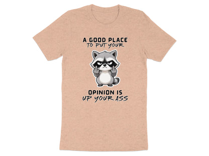 Peach t-shirt with a grumpy raccoon giving the middle finger and text.