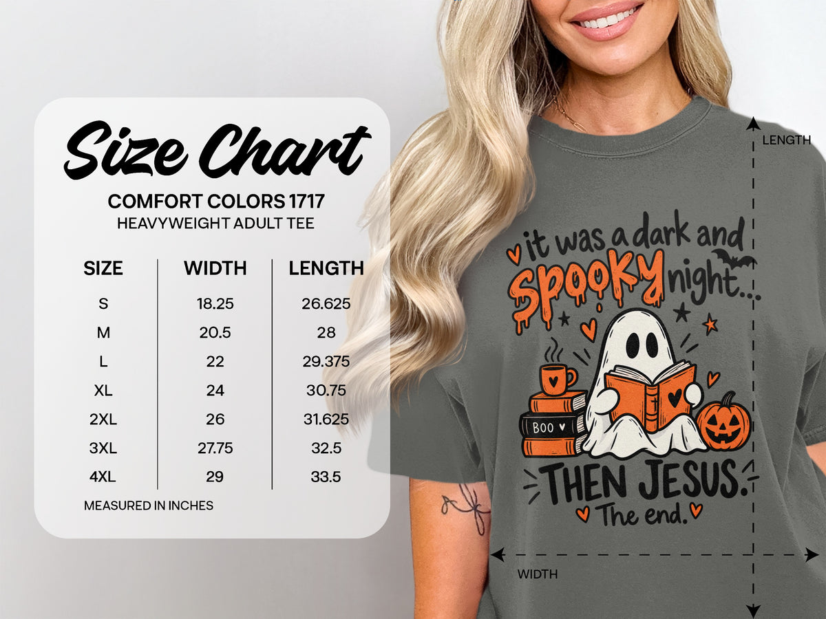 Comfort Colors 1717 size chart for heavyweight adult tee with spooky ghost graphic.