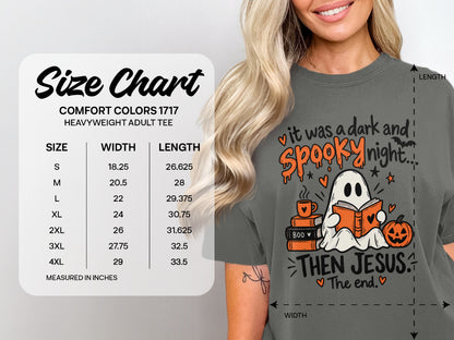 Comfort Colors 1717 size chart for heavyweight adult tee with spooky ghost graphic.