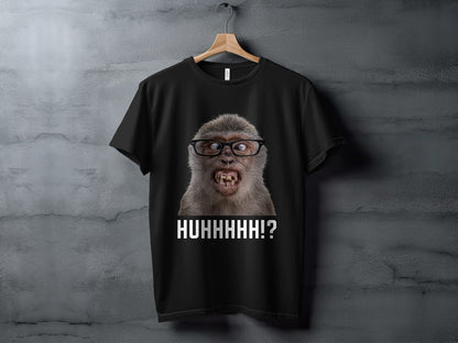 Black t-shirt with a close-up of a monkey wearing glasses and the text HUHHHHH!?
