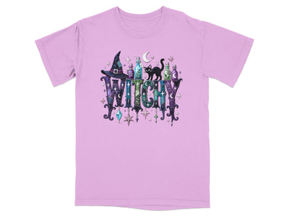 Purple t-shirt with "WITCHY" text, witch hat, potions, black cat, and stars.