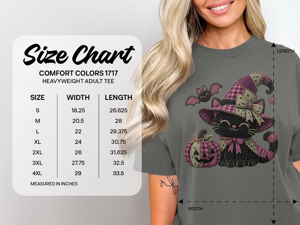 Size chart for Comfort Colors 1717 heavyweight adult tee with measurements.