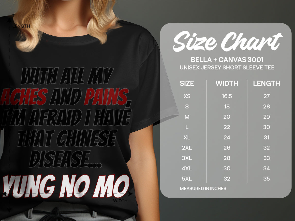 Black t-shirt with text and a Bella + Canvas 3001 size chart.