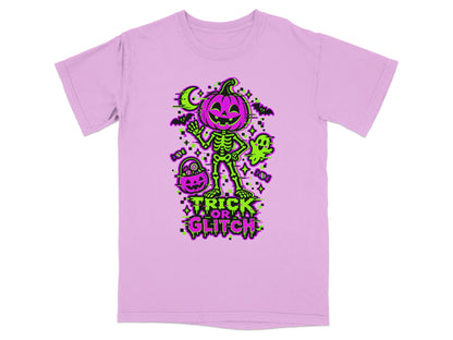 Pink t-shirt with a skeleton pumpkin, ghost, bats, and "Trick or Glitch" text.