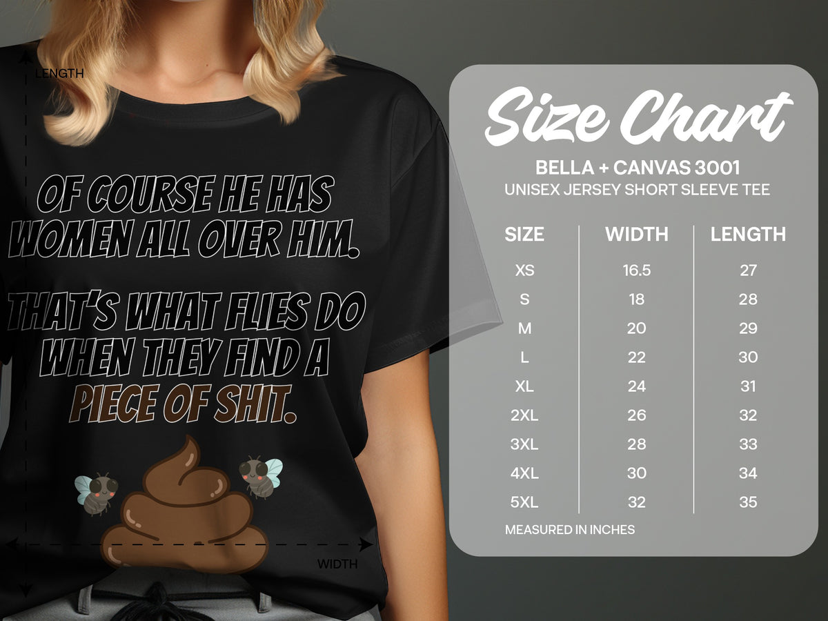 Black t-shirt with text and poop graphic, includes Bella + Canvas 3001 size chart.