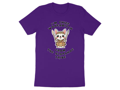 Purple t-shirt with a cartoon dog graphic that reads "I'm Chief Woofabitch from the Slapahoe Tribe".