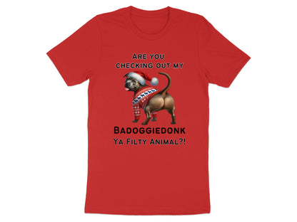 Red t-shirt with text and dog wearing Santa hat and sweater.