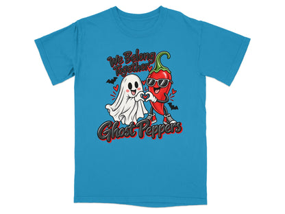 Blue t-shirt with ghost and chili pepper making heart, reads "We Belong Together Ghost Peppers".