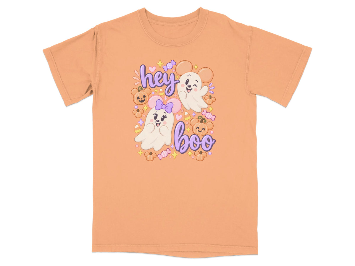 Orange t-shirt with "hey boo" and cartoon ghosts, pumpkins, and candy.