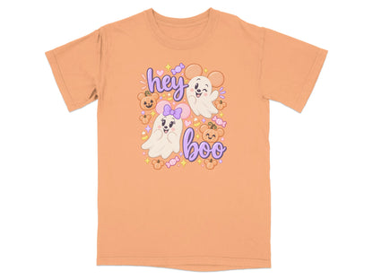 Orange t-shirt with "hey boo" and cartoon ghosts, pumpkins, and candy.