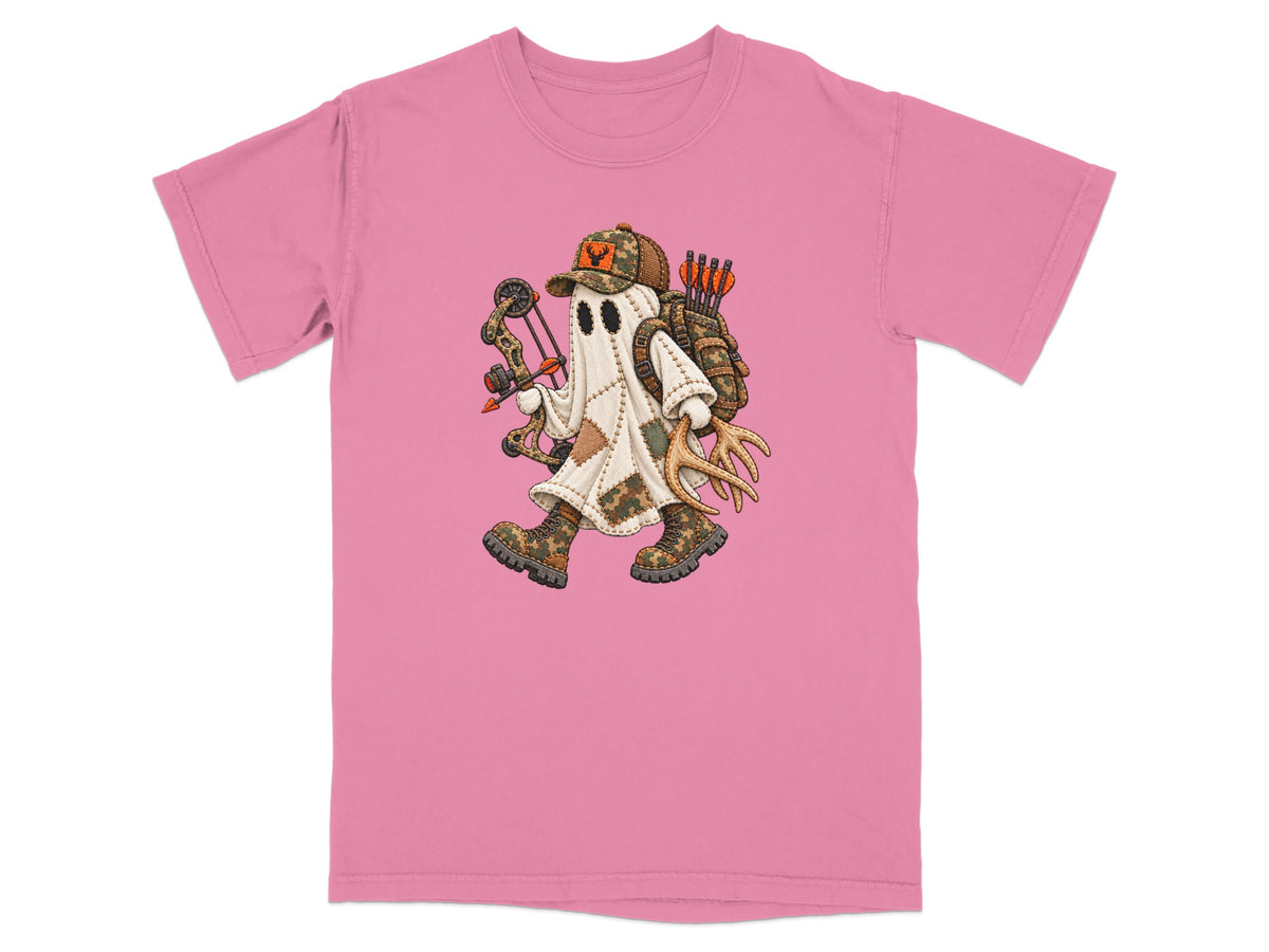 Pink crewneck t-shirt featuring a ghost graphic wearing camouflage hunting gear and holding a compound bow.