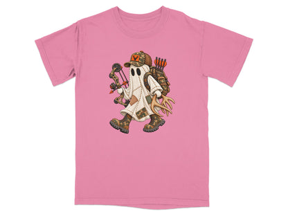 Pink crewneck t-shirt featuring a ghost graphic wearing camouflage hunting gear and holding a compound bow.