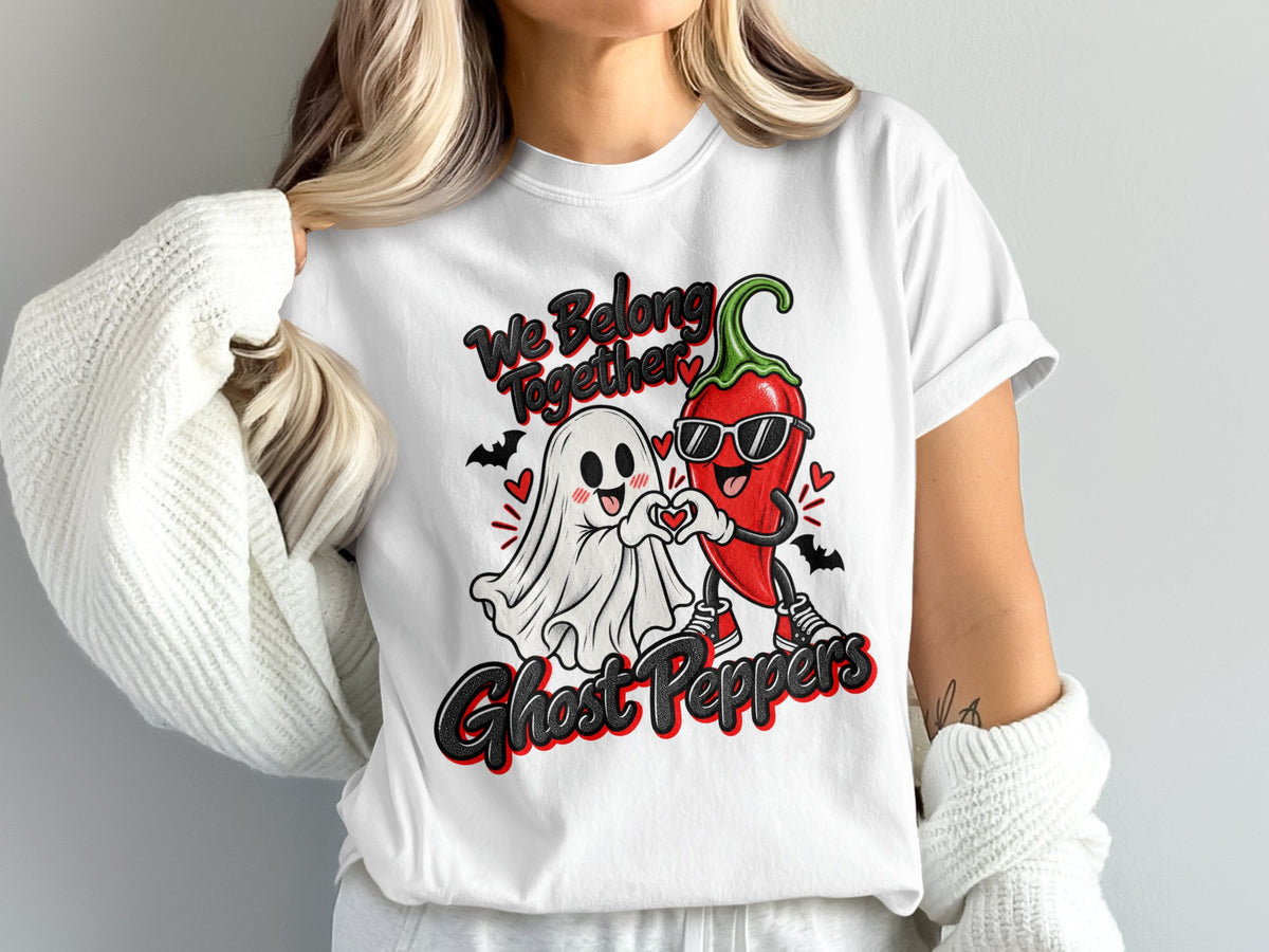 White t-shirt with a ghost and chili pepper illustration and text "We Belong Together Ghost Peppers".