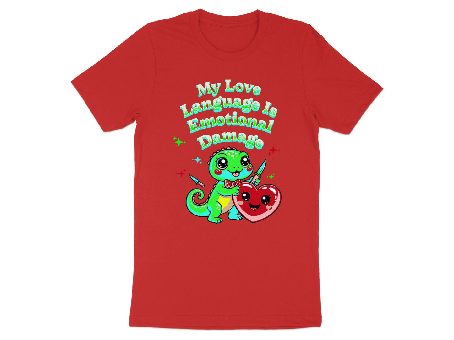 Red t-shirt with a cartoon dinosaur holding a knife next to a heart graphic.