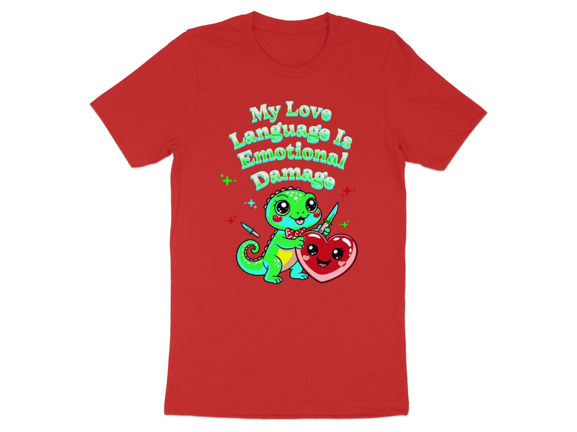 Red t-shirt with a cartoon dinosaur holding a knife next to a heart graphic.
