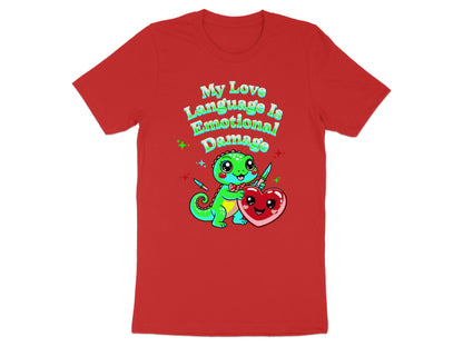 Red t-shirt with a cartoon dinosaur holding a knife next to a heart graphic.