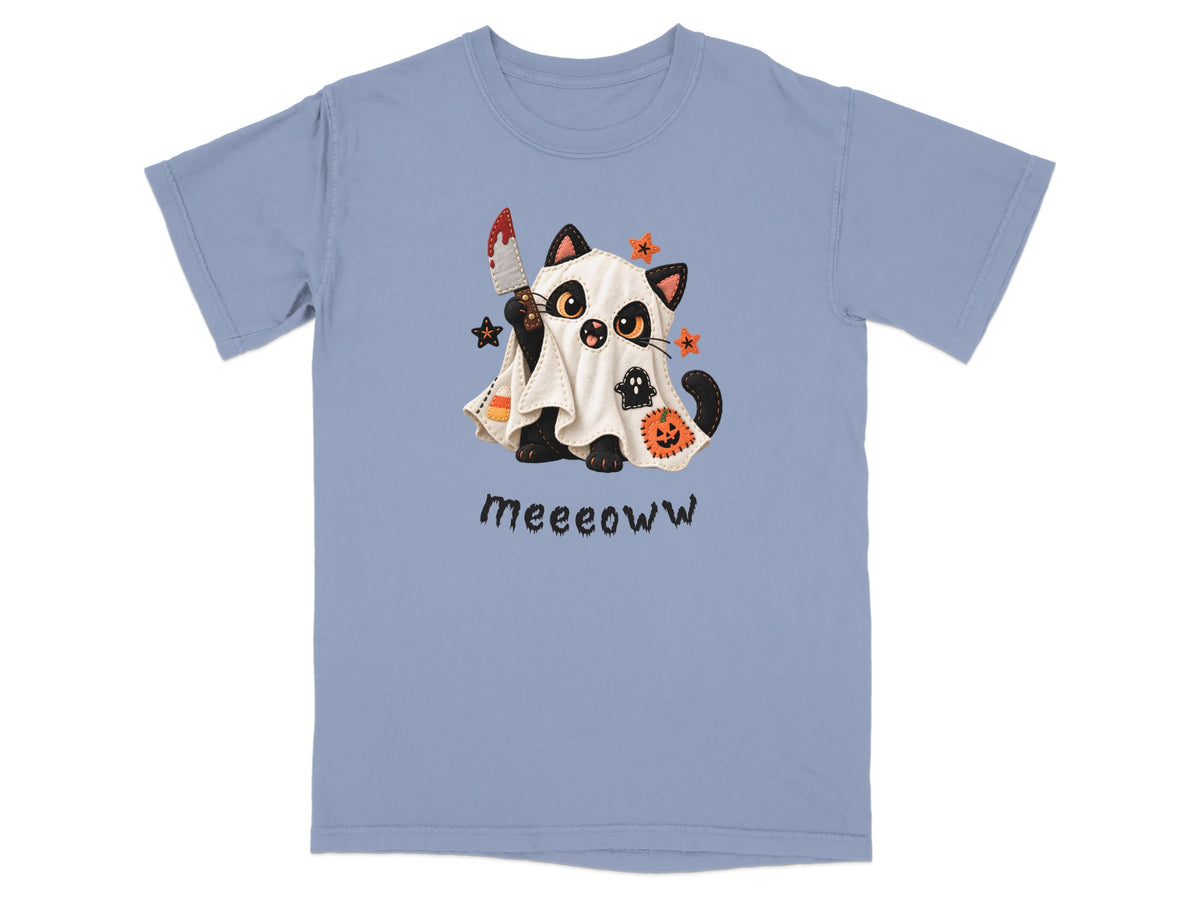 Black cat dressed as a ghost holding bloody knife, with "meeoww" text.
