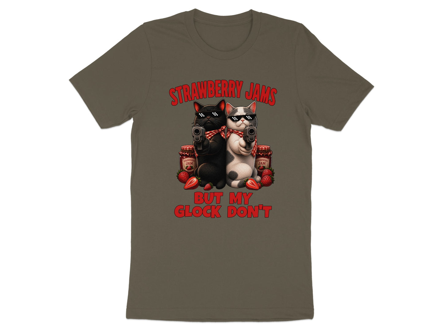 Two cats with guns and sunglasses with text "Strawberry Jams But My Glock Don't".