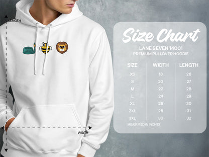 White hoodie with hose, bee, and lion graphics, featuring a size chart.