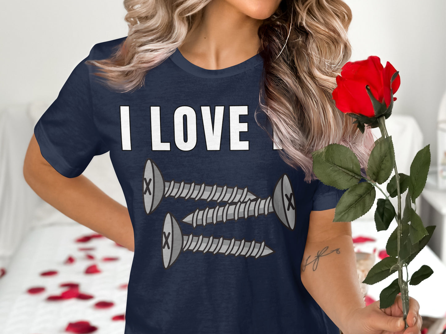 Dark blue t-shirt with "I LOVE NUTS" text and three screw graphics.