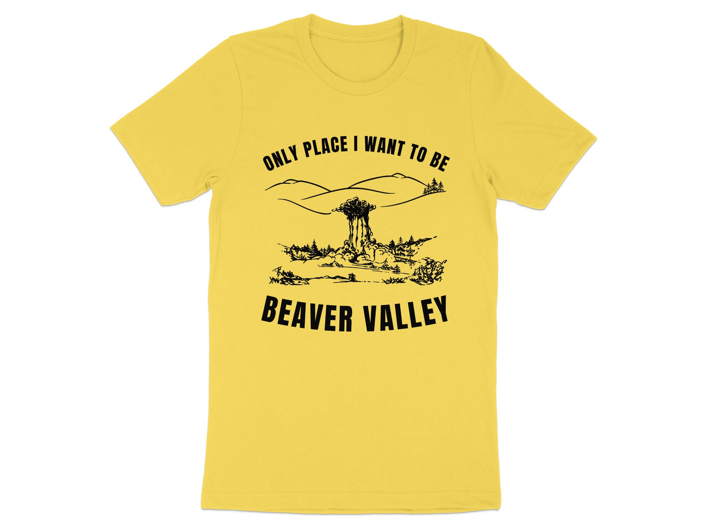 Yellow t-shirt with black text and line drawing of Beaver Valley scenery.