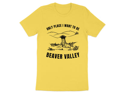 Yellow t-shirt with black text and line drawing of Beaver Valley scenery.