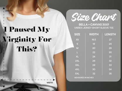 Bella + Canvas 3001 size chart for unisex jersey short sleeve tee.