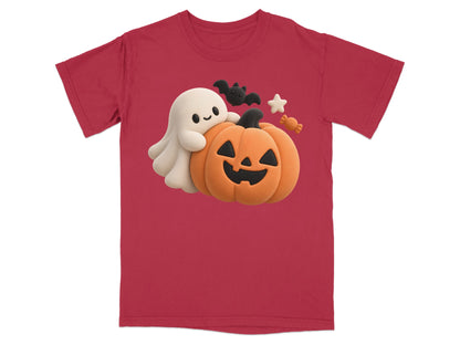 Ghost hugging a jack-o'-lantern with a bat and candy.