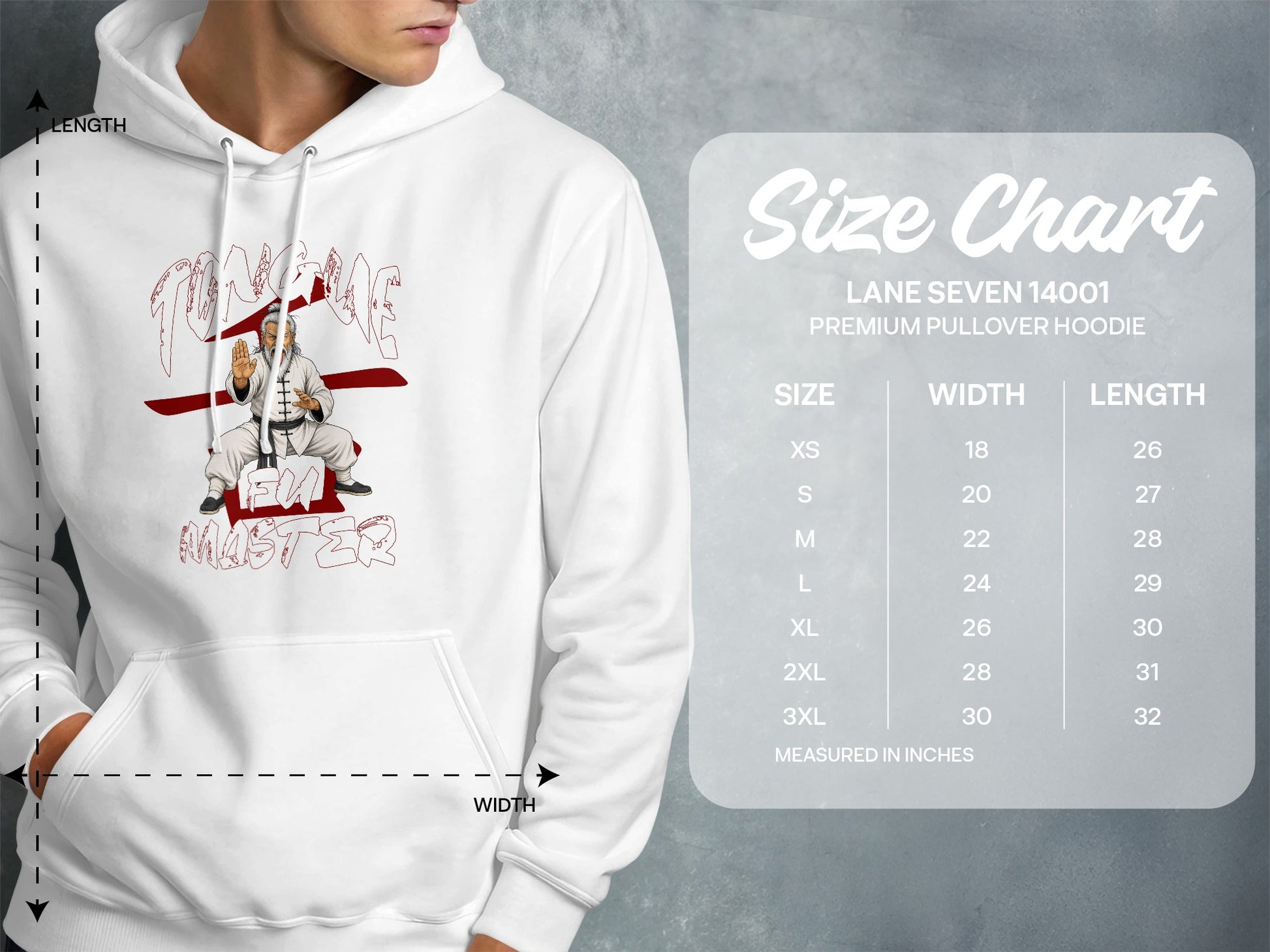White hoodie with a martial artist graphic and size chart with measurements in inches.