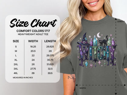 Comfort Colors 1717 heavyweight adult tee size chart with witchy graphic.