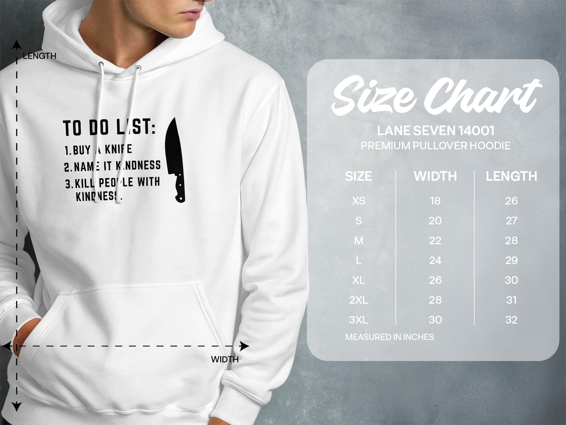 White hoodie with "To Do List" graphic and a size chart.