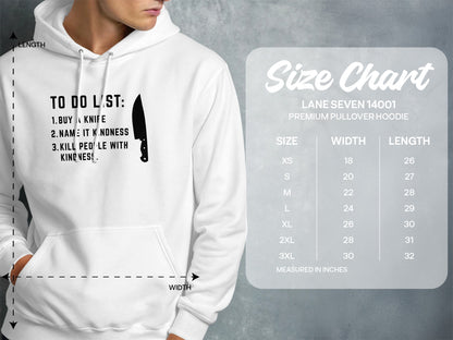 White hoodie with "To Do List" graphic and a size chart.