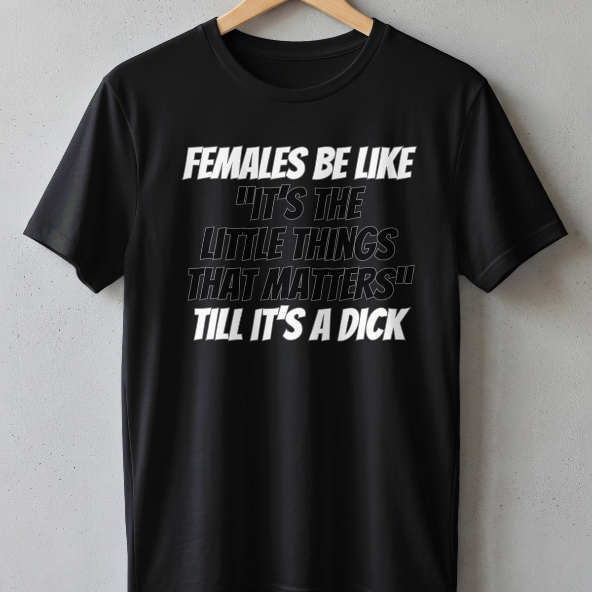 Black t-shirt with white text "Females be like 'It's the little things that matters' till it's a dick."