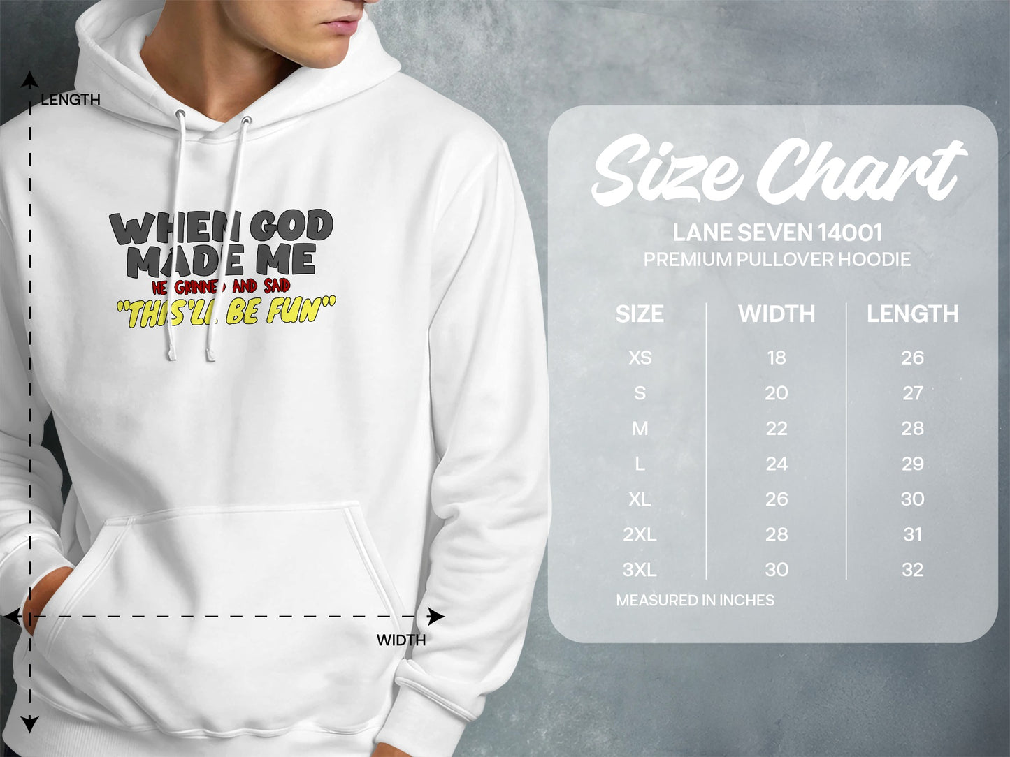 White hoodie with "When God Made Me" graphic and size chart.