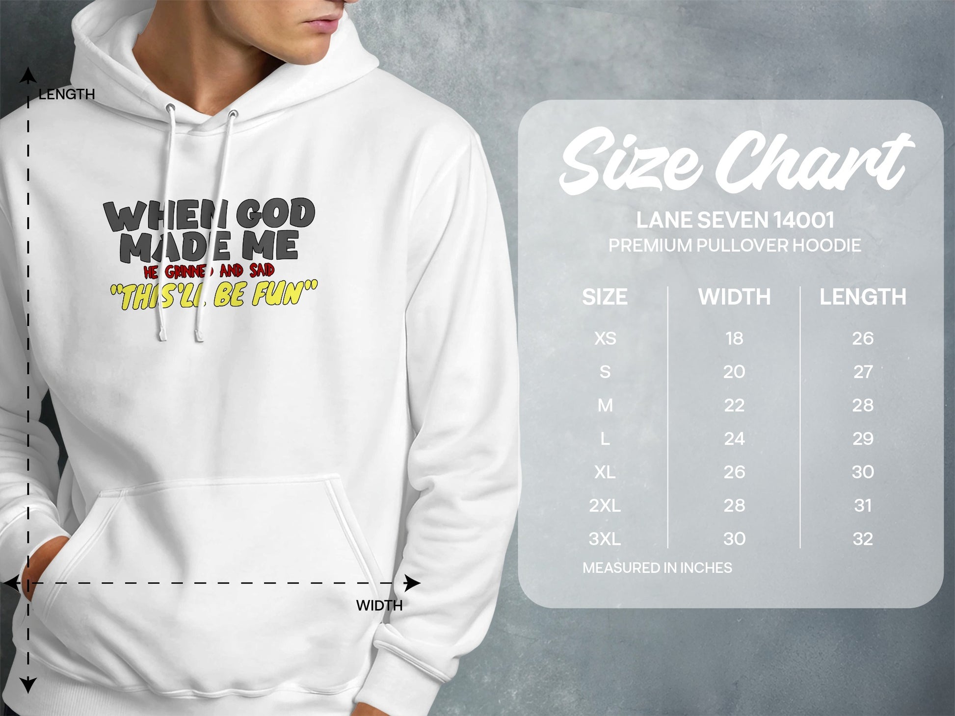 White hoodie with "When God Made Me" graphic and size chart.