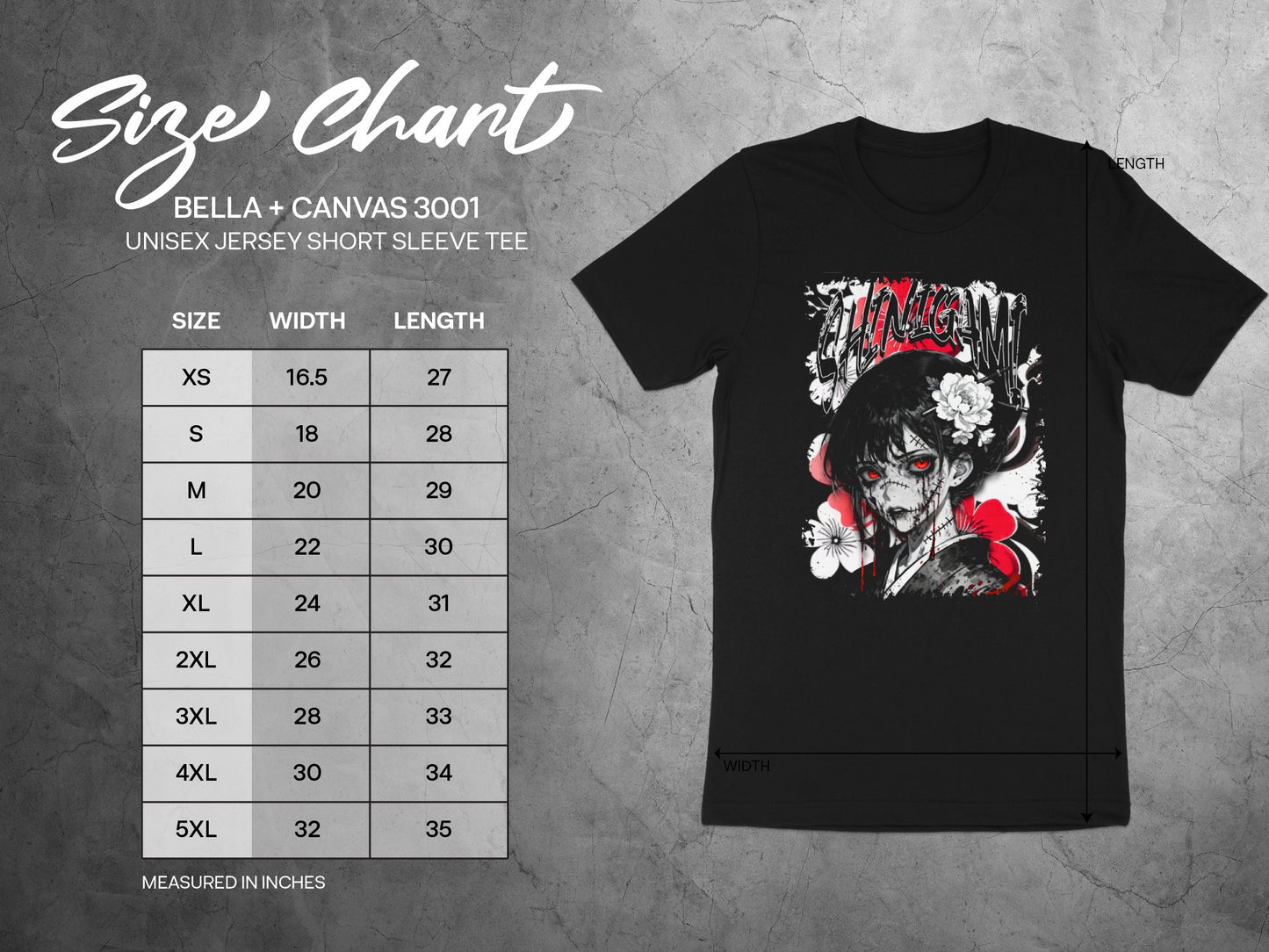 Black t-shirt with "SHINIGAMI!" graphic and size chart for Bella+Canvas 3001.