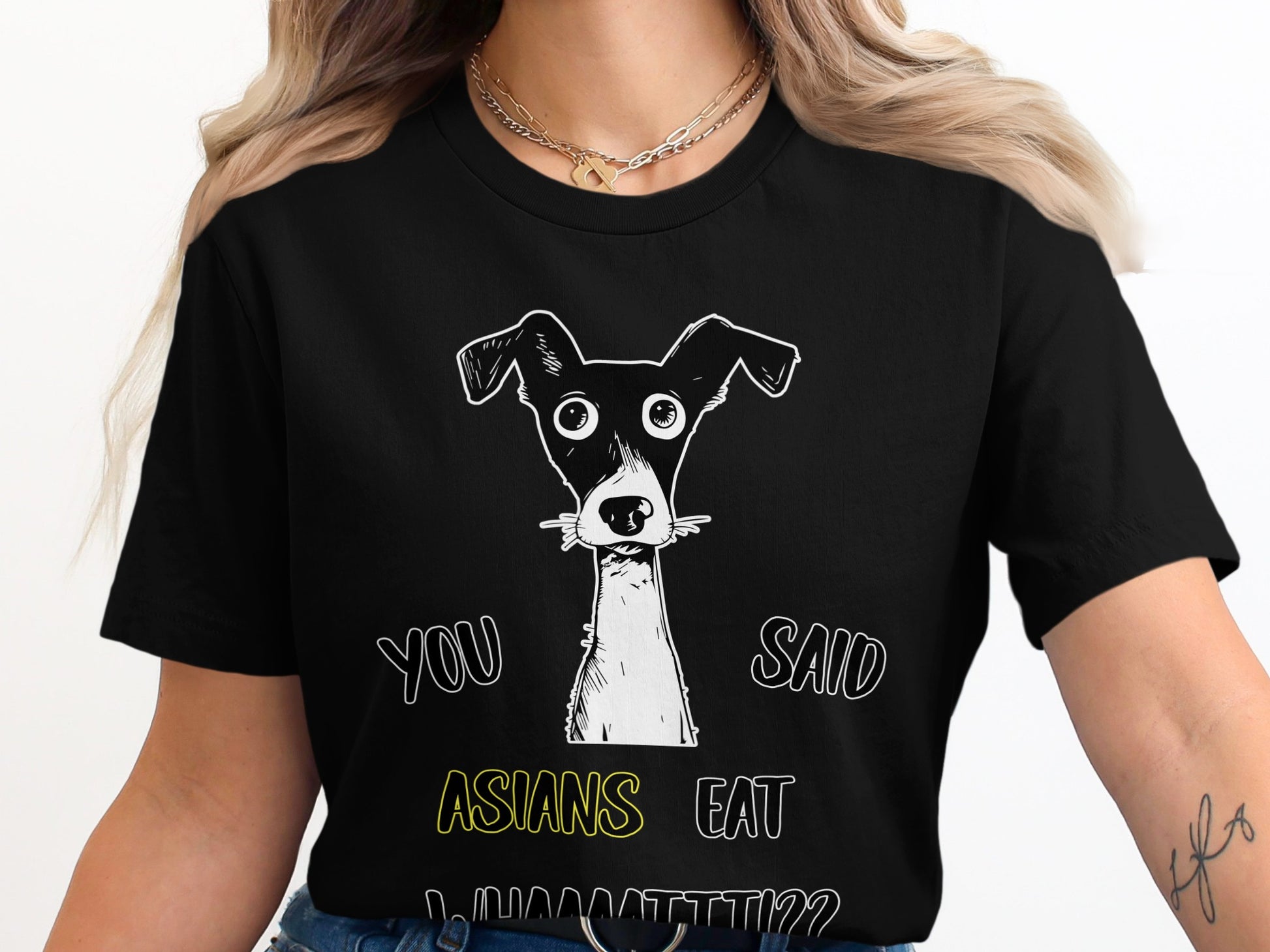 Black t-shirt with dog cartoon and text "You Said Asians Eat".