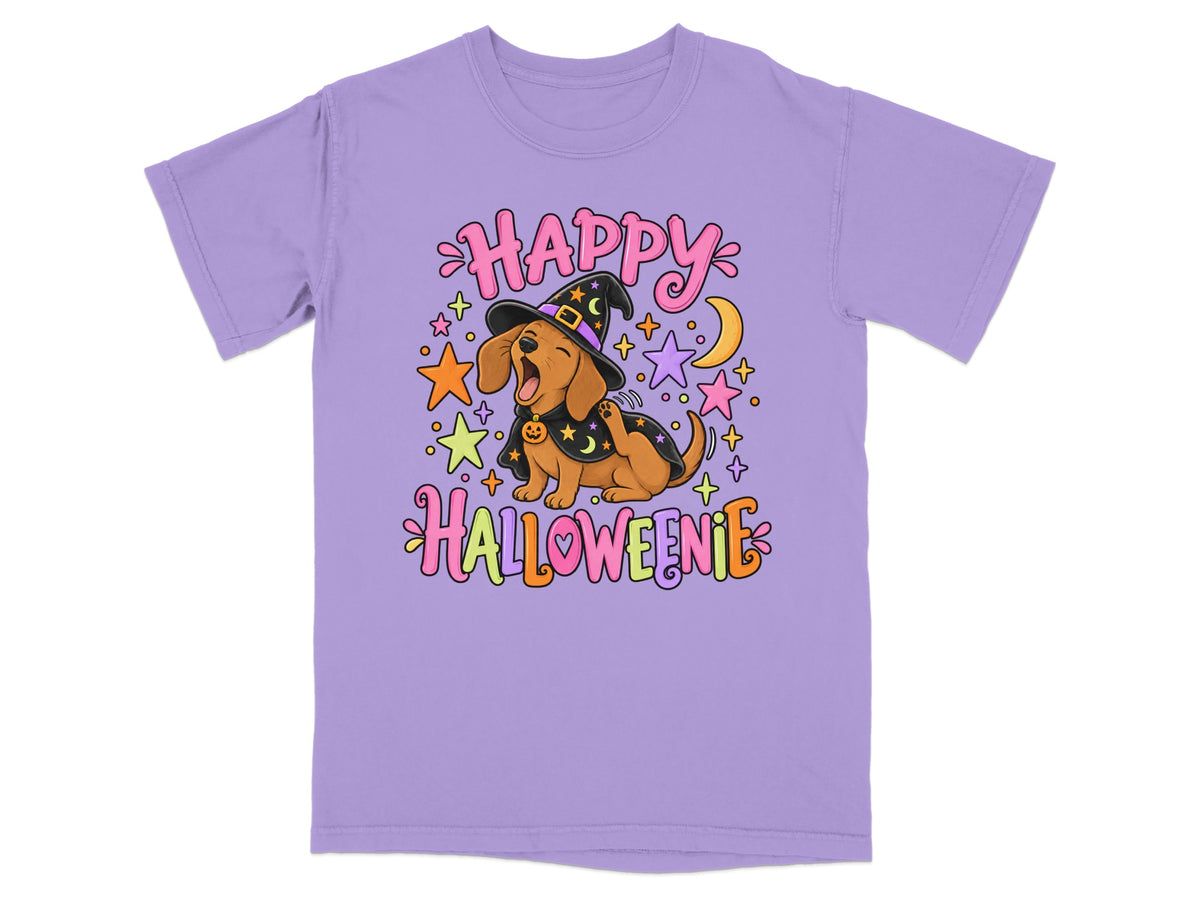 Dachshund in witch hat with "Happy Halloweenie" text and stars.