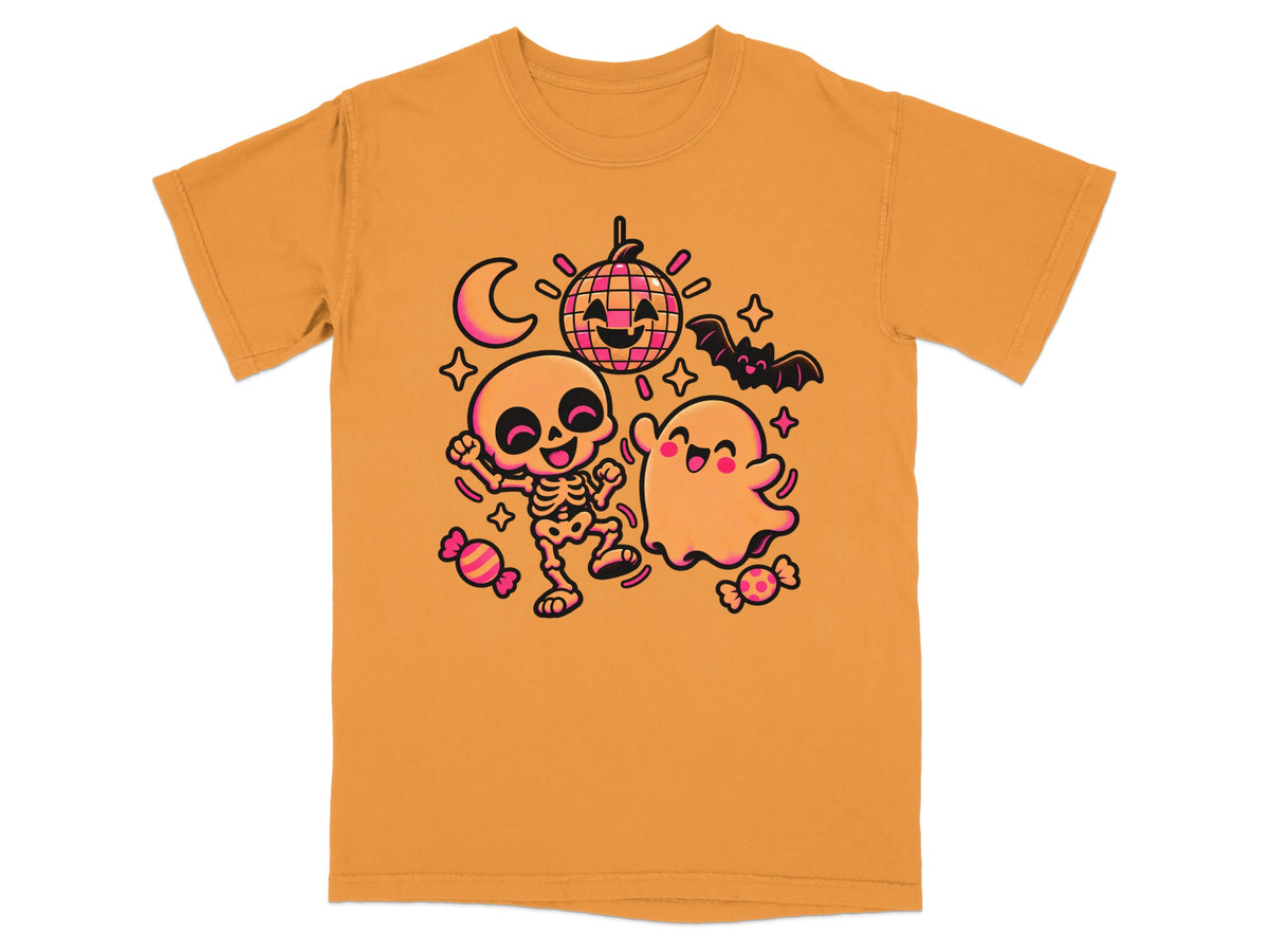 Orange t-shirt with cartoon skeleton, ghost, bat, moon, and disco ball graphic.