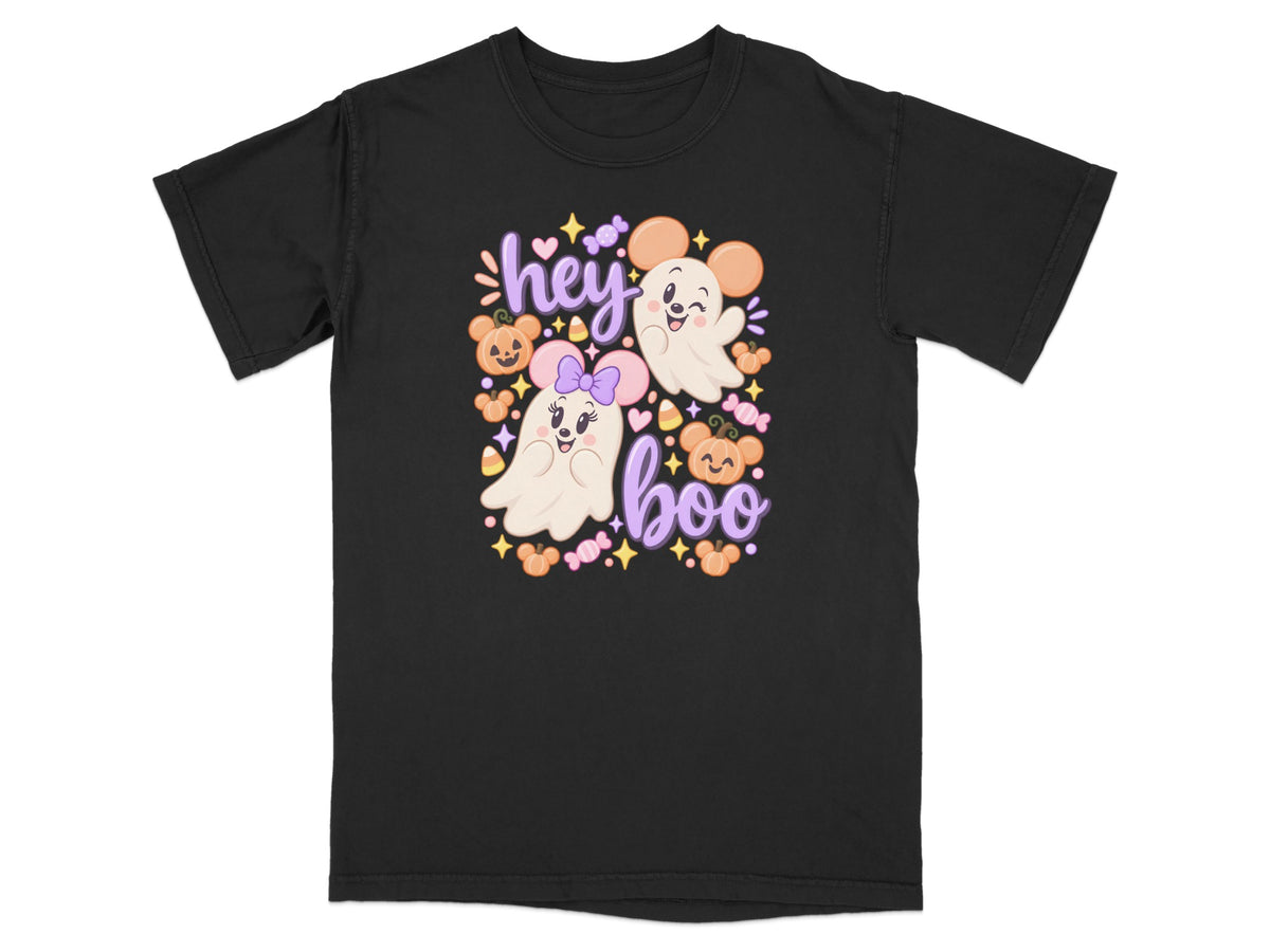 Black t-shirt with cute ghosts, pumpkins, and candy saying "hey boo".