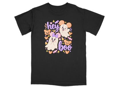 Black t-shirt with cute ghosts, pumpkins, and candy saying "hey boo".