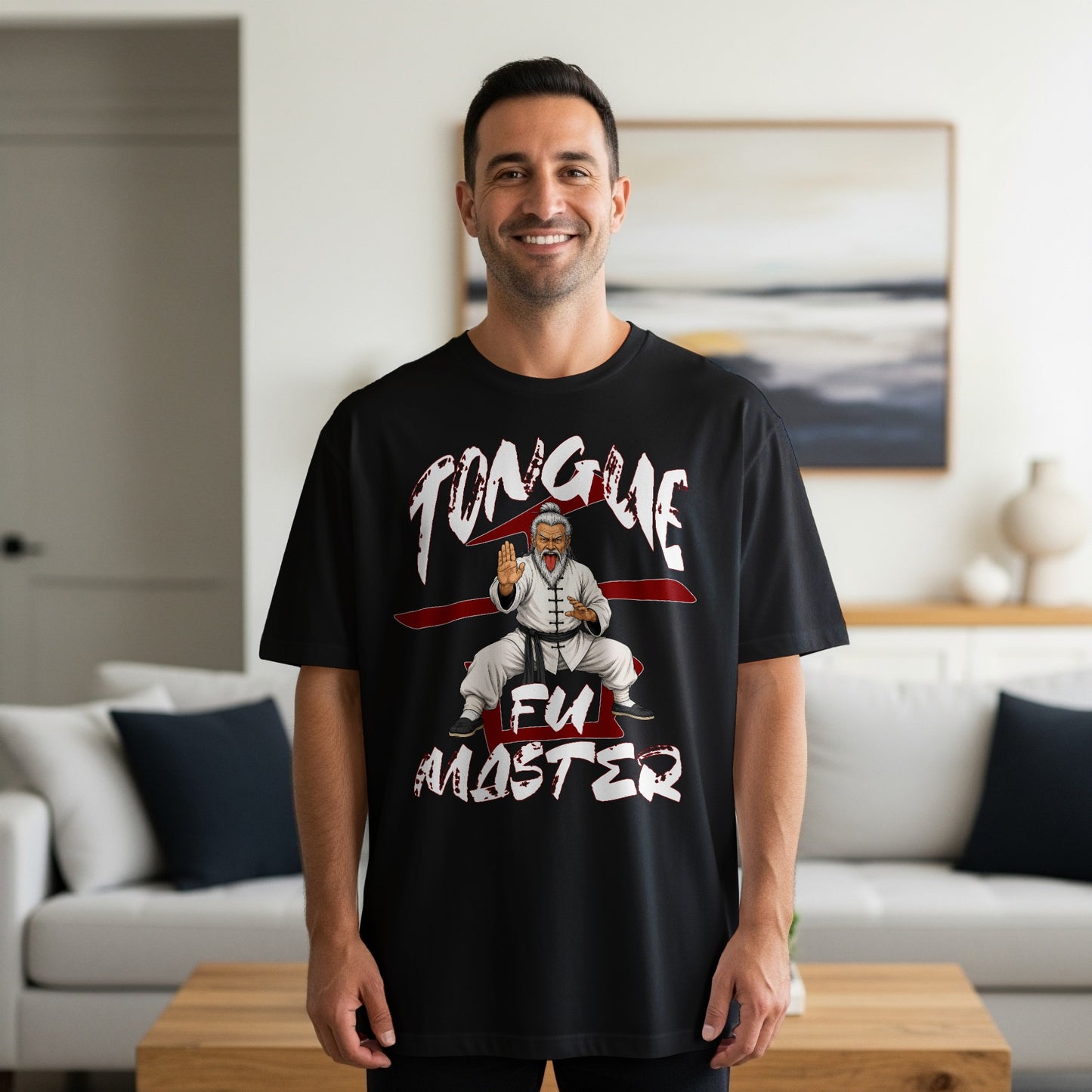 Black t-shirt with "TONGUE FU MASTER" text and cartoon martial artist graphic.