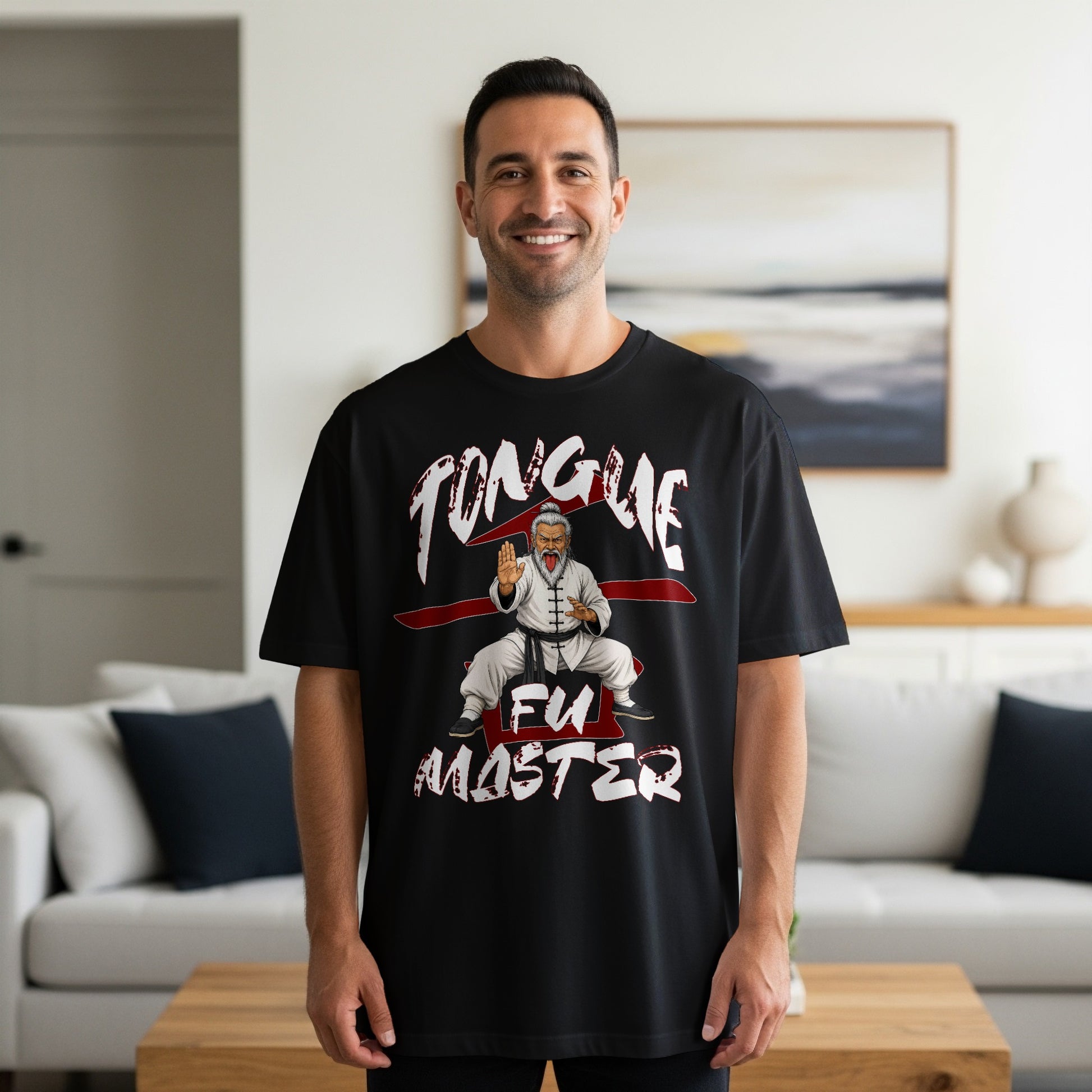 Black t-shirt with "TONGUE FU MASTER" text and cartoon martial artist graphic.