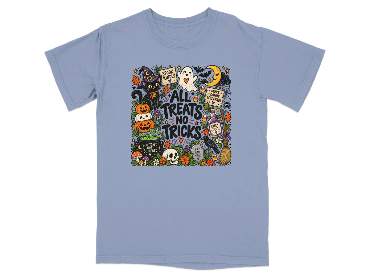 Halloween graphic with black cat, pumpkins, ghost, moon, and "All Treats No Tricks" text.