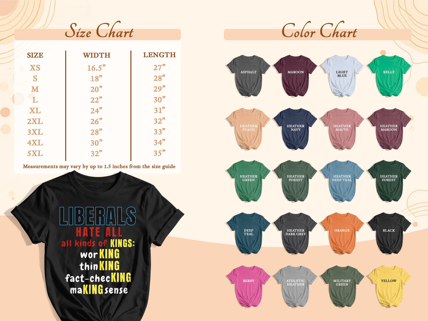 Black t-shirt with text, size chart, and color chart displaying various t-shirt colors.
