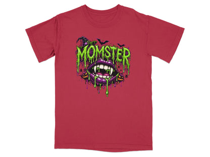 Red t-shirt with green dripping "MOMSTER" text, vampire lips, and Halloween accents.